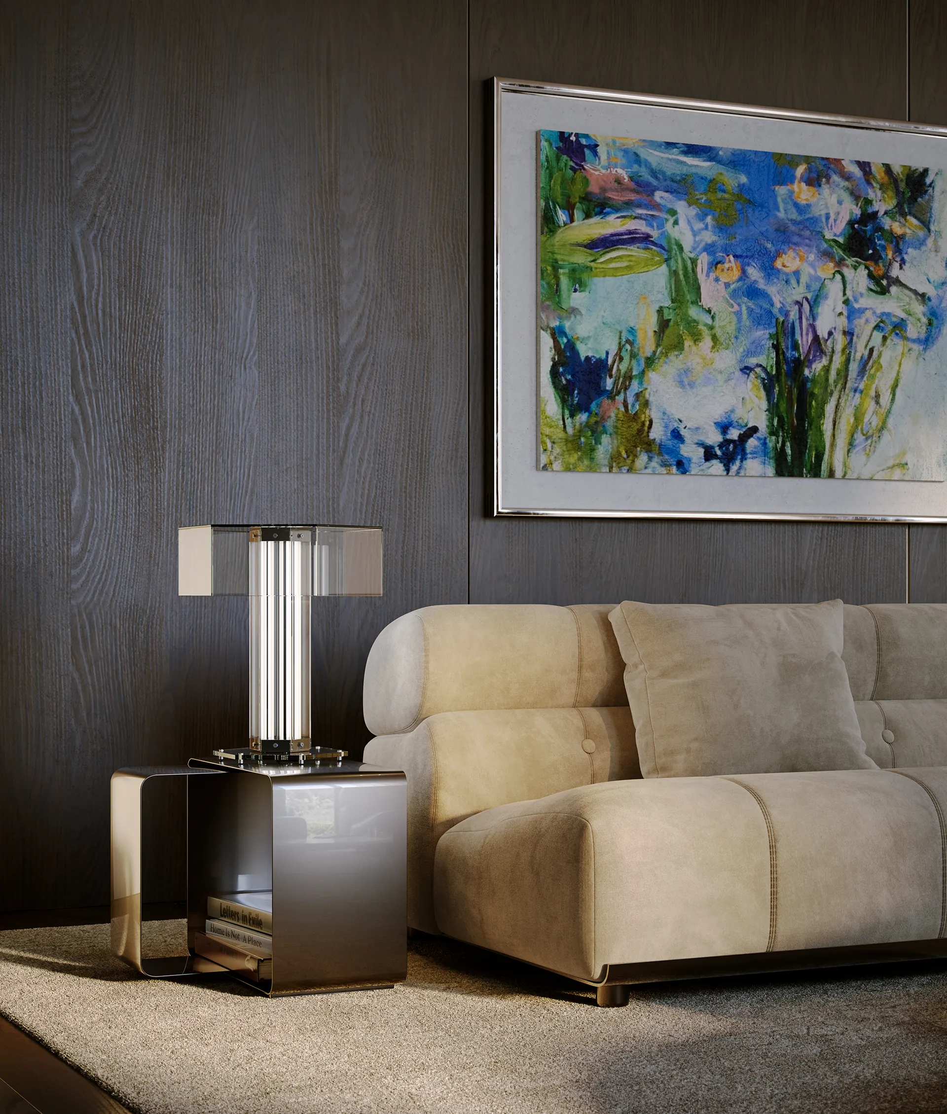 Dettaglio del soggiorno di DONO Sky Collection con divano di design, parete rivestita in legno e arredi contemporanei.
